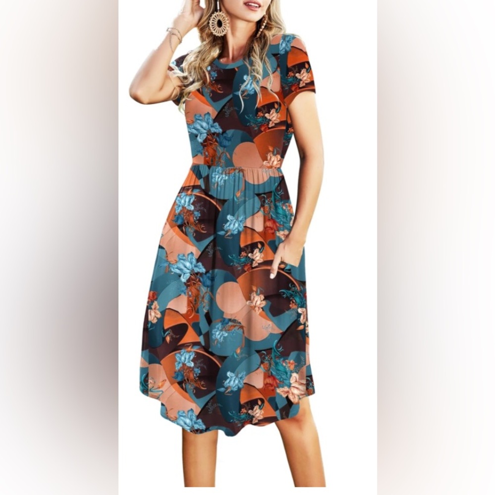 Simier Fariry Women Short Sleeve Midi Knee Travel Casual Dress Multicolour